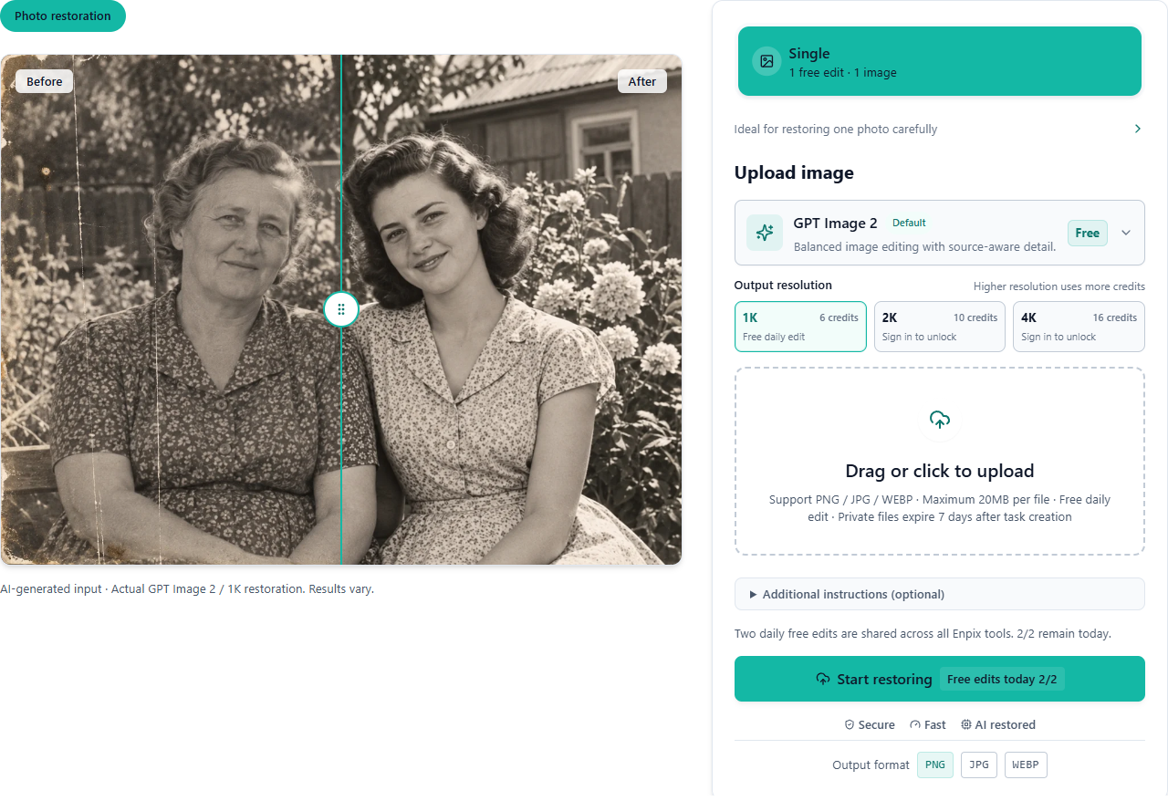 Live Enpix photo restoration workspace showing the comparison, model, resolution, upload, and instruction controls