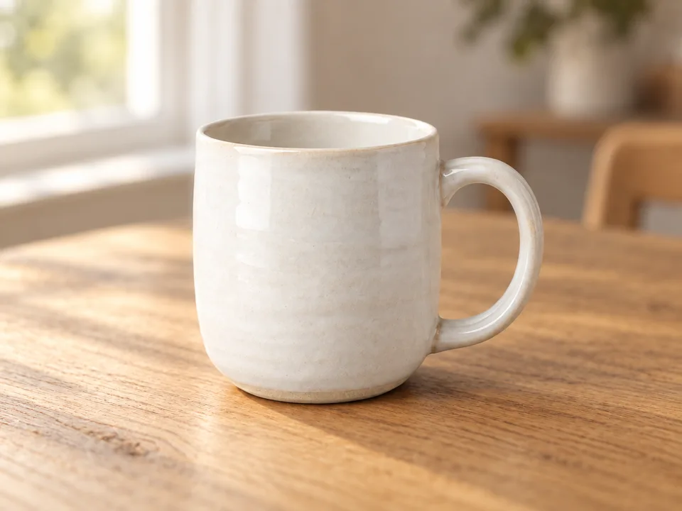 Illustrative edit of a white mug in a warm wooden setting