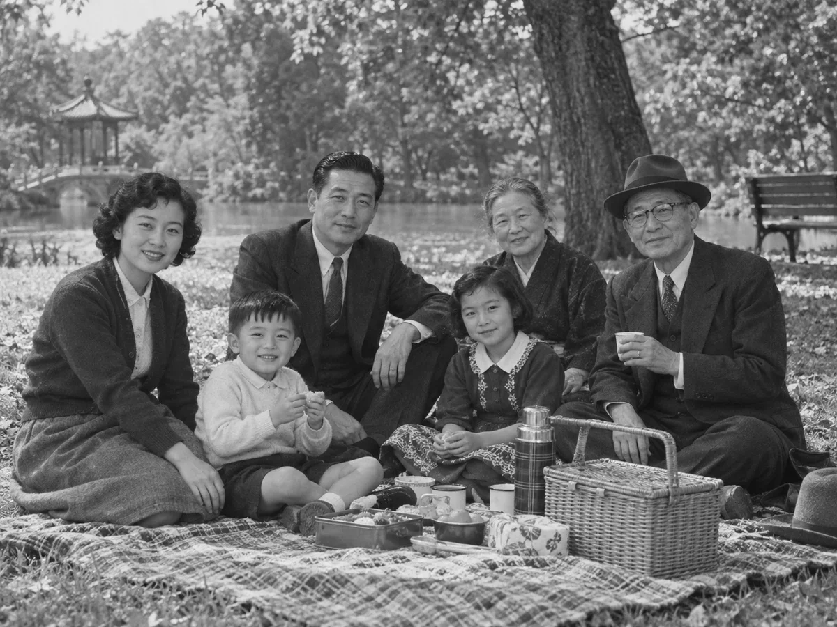 Black-and-white 1950s family picnic compared with the color reference