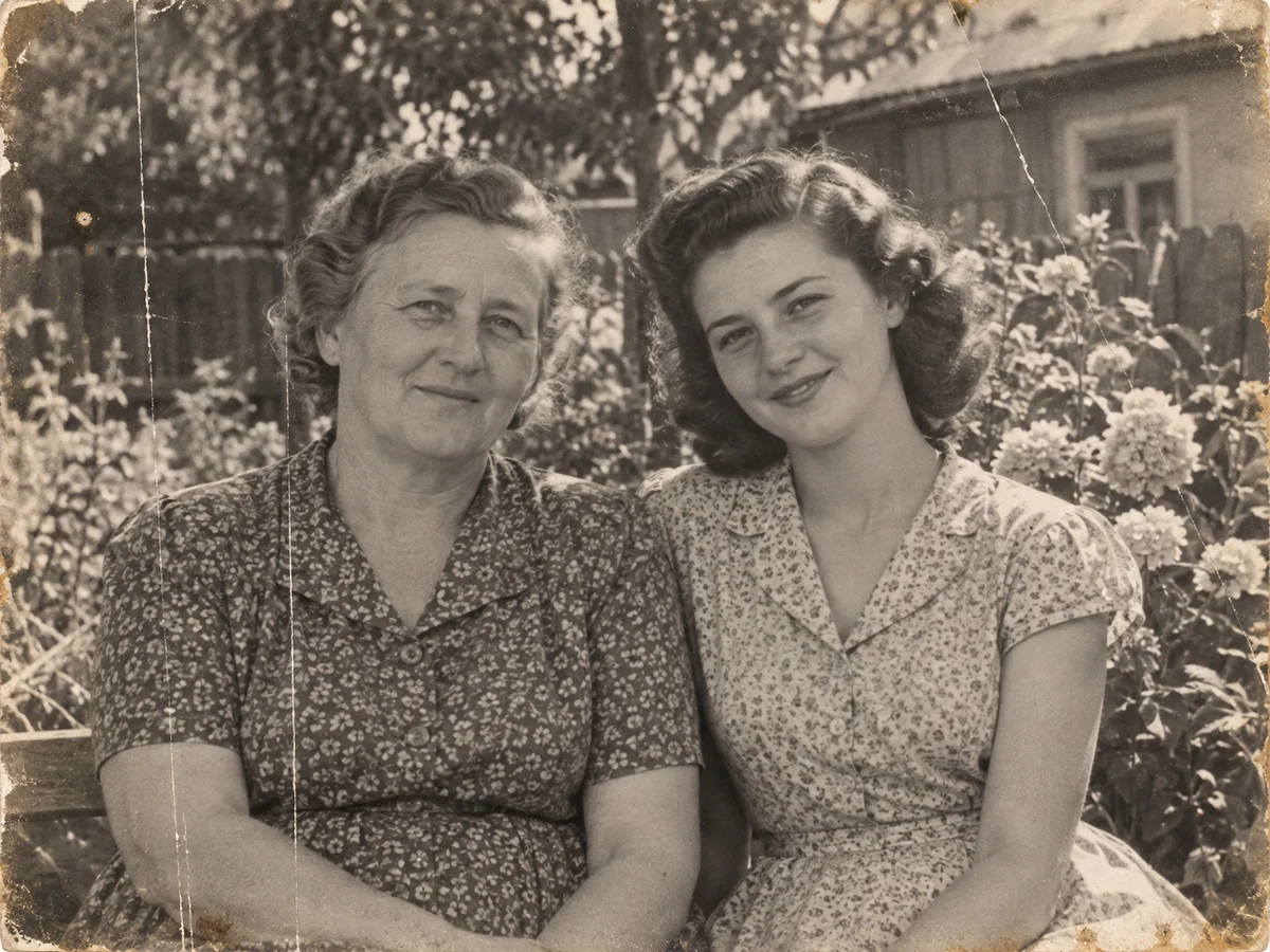Illustrative old family photo of two women with faded sepia tones, fine scratches, and worn edges