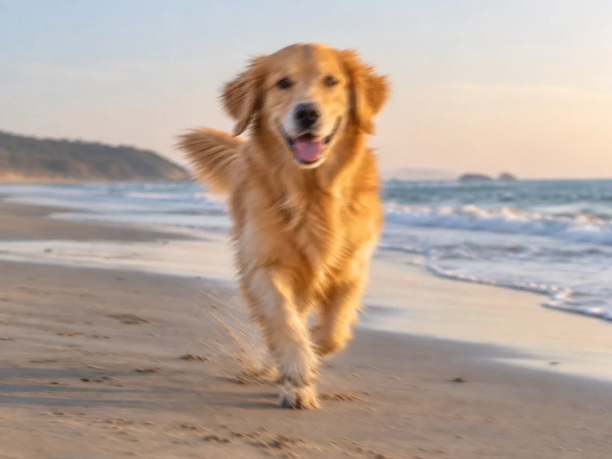 轻度模糊的奔跑金毛犬与原始清晰参考图对比